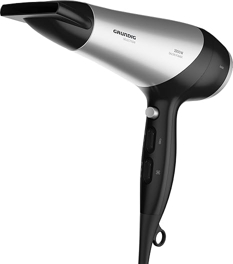 Sèche-cheveux GRUNDIG HD 6080 B – 2200 W, fonction ionique, 3 niveaux de température et 2 niveaux de débit d’air, touche air froid, revêtement céramique, câble de 1,8 m, noir/argent.