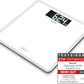Pèse-personne Beurer GS 400 blanc Signature Line, avec grande surface de marche en verre de sécurité ultra-blanc, écran noir stylé format XL et capacité jusqu’à 200 kg.